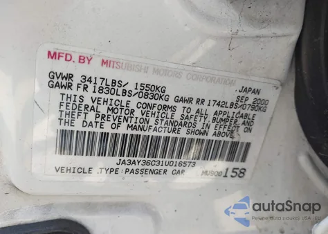 2001 Mitsubishi Mirage Ls from USA, damaged, VIN JA3AY36C31U016573